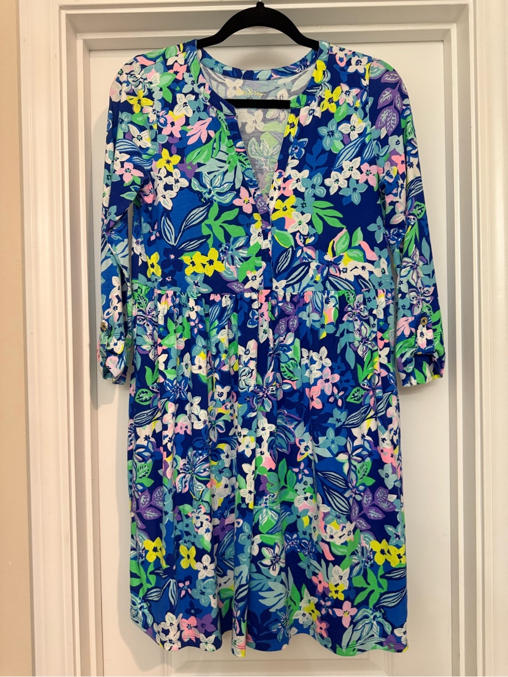 Lilly Pulitzer Navy Floral V-Neck Long Sleeve Lauren Dress Size S